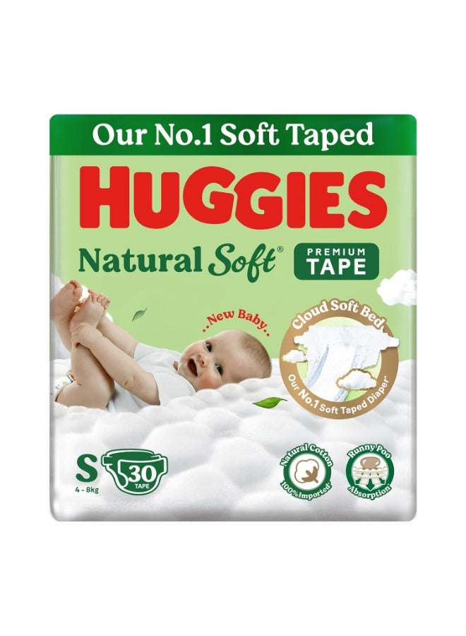 Huggies Natural Soft Premium Tape Diapers Small (S) Size, 4-8 kgs, 30 Count | Our No.1 Soft Taped Diaper with Cloud Soft Bed and Runny Poo Absorption - Image 1