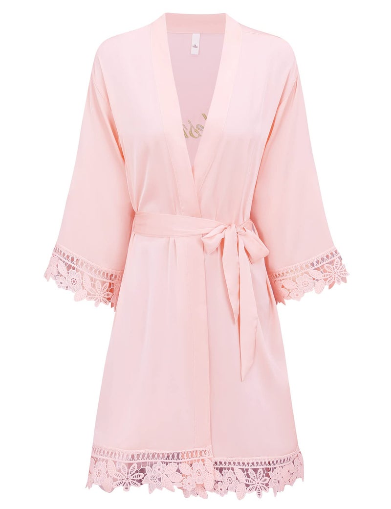 Kihnop Plus Size Bridesmaid Robes with Lace Trim Bridal Robes Plus Size Robes for Bridal Party Robes Wedding Embroidery Silky Robe,Pink - Image 2