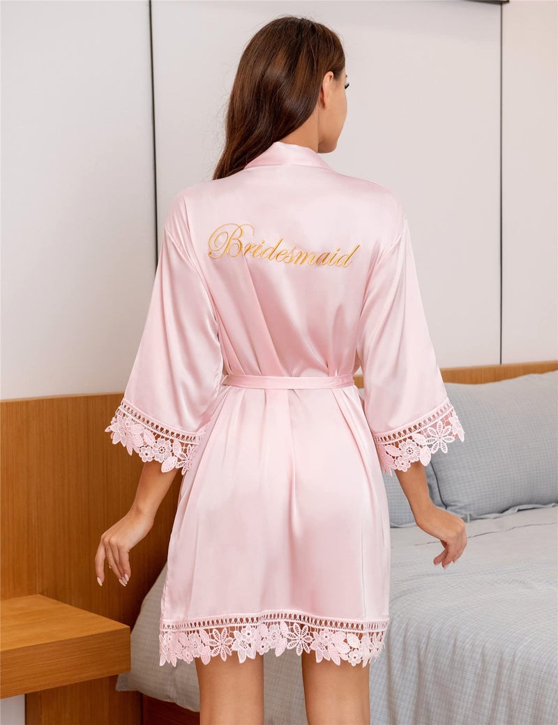 Kihnop Plus Size Bridesmaid Robes with Lace Trim Bridal Robes Plus Size Robes for Bridal Party Robes Wedding Embroidery Silky Robe,Pink - Image 3