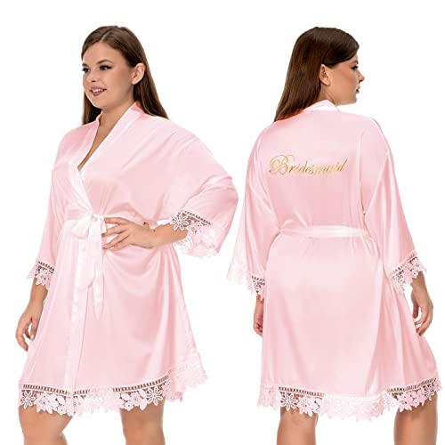 Kihnop Plus Size Bridesmaid Robes with Lace Trim Bridal Robes Plus Size Robes for Bridal Party Robes Wedding Embroidery Silky Robe,Pink - Image 5