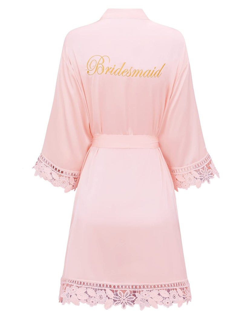 Kihnop Plus Size Bridesmaid Robes with Lace Trim Bridal Robes Plus Size Robes for Bridal Party Robes Wedding Embroidery Silky Robe,Pink - Image 1