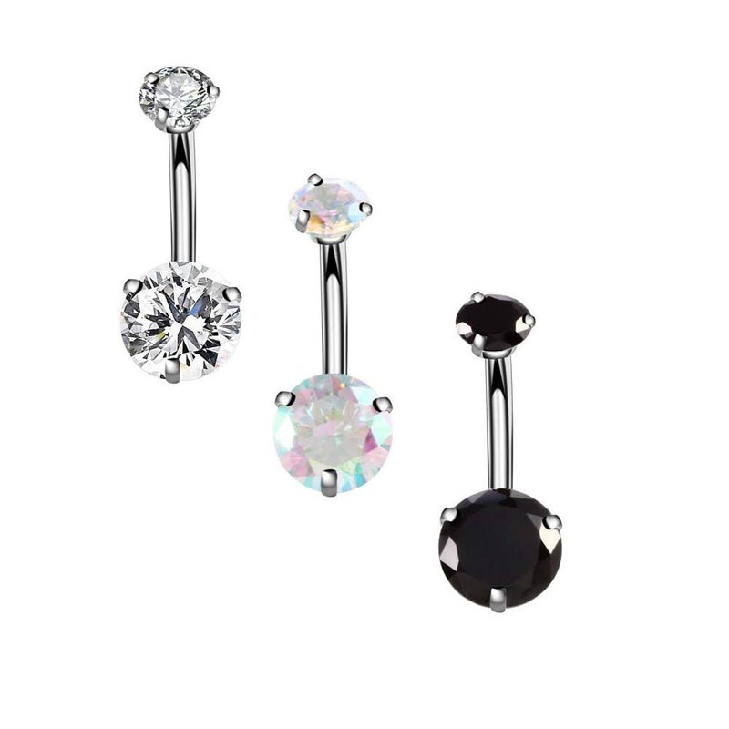 YHMM 14G Surgical Steel Belly Button Rings,External Threaded 10mm Long Round CZ Navel Barbell Stud for Women Men (3 Pcs A, External Thread/10mm)