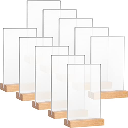 Maitys 10 Pack Acrylic Sign Holder 4 x 65 Inch Clear Double Sided Table Sign with Wooden Base T Shape Menu Display Stand for Wedding Restaurant Office Hotel Front Desk Store Tabletop - Image 1