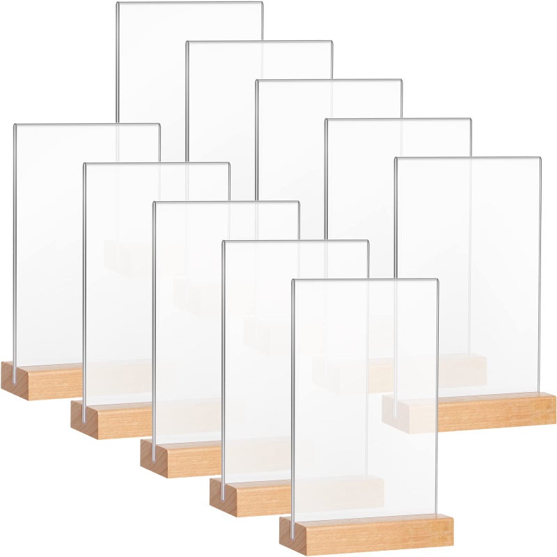 Maitys 10 Pack Acrylic Sign Holder 4 x 65 Inch Clear Double Sided Table Sign with Wooden Base T Shape Menu Display Stand for Wedding Restaurant Office Hotel Front Desk Store Tabletop - Image 2