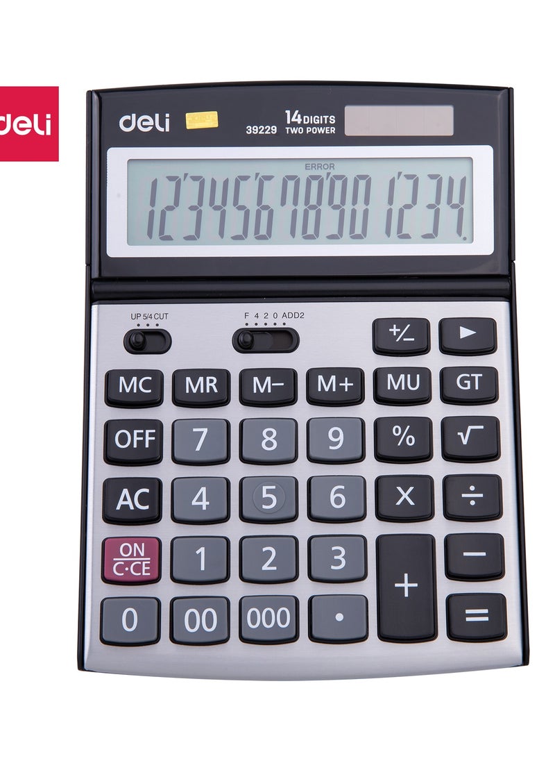 Deli Deli E39229 14-Digit Metal Calculator - Solar/LR44 Battery, Silver (1PCS/Color Box) - High-End Desktop Calculator for Finance, Engineering & Business  - Image 1