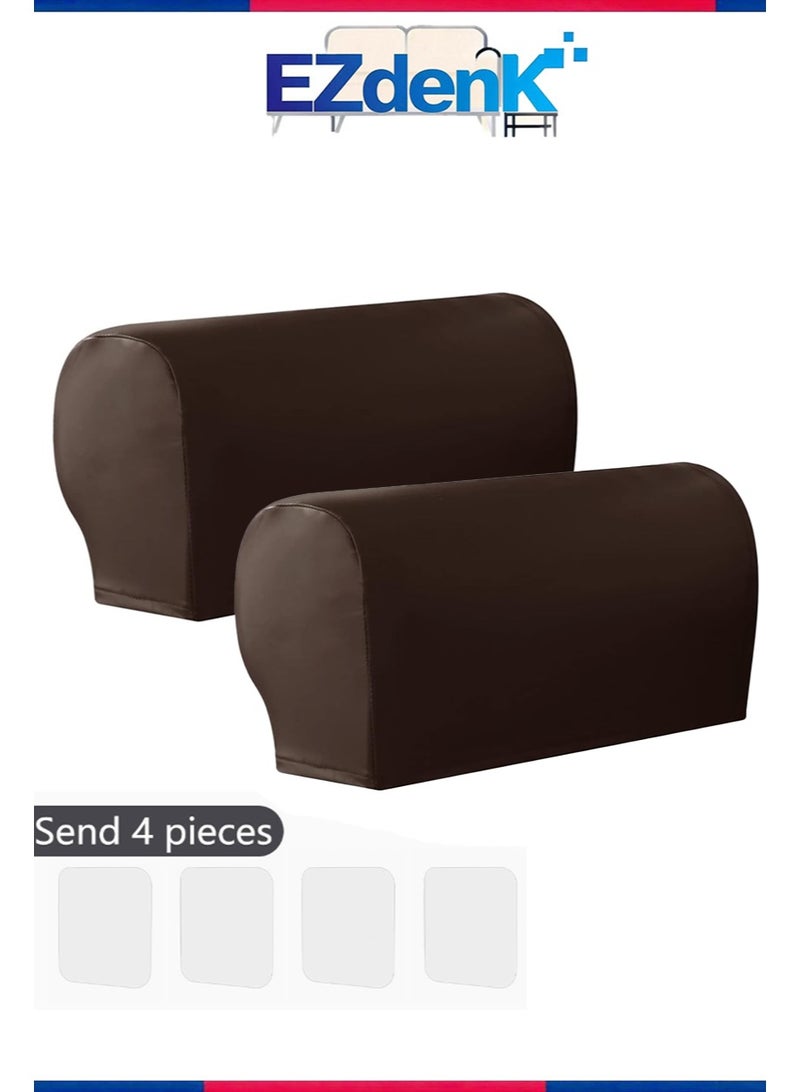 EZdenK Leather Look Couch Arm Covers Set of 2 Armrest Covers for Sofa Chair Arm Protectors Stretch Armchair Slipcovers ，Washable Spandex Fabric (Brown) - Image 1