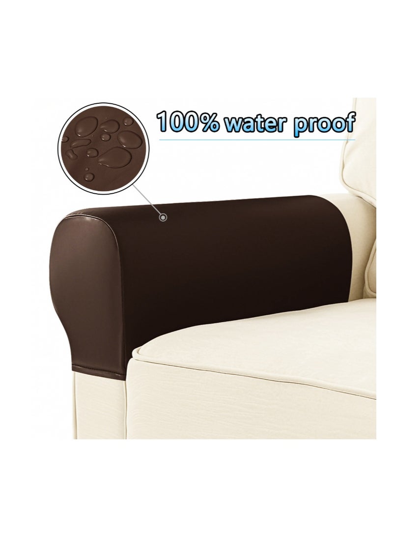 EZdenK Leather Look Couch Arm Covers Set of 2 Armrest Covers for Sofa Chair Arm Protectors Stretch Armchair Slipcovers ，Washable Spandex Fabric (Brown) - Image 3