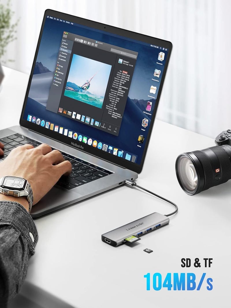 Lemorele محور USB C 9 في 1 محول الألمنيوم الفضاء 3.0 مع HDMI 4K، 3 USB 3.0، PD 100W، SD/TF، بيانات USB-C مناسب لجهاز MacBook Air/Pro M1، iPad M1، Chromecast، Switch، موبايل - Image 5