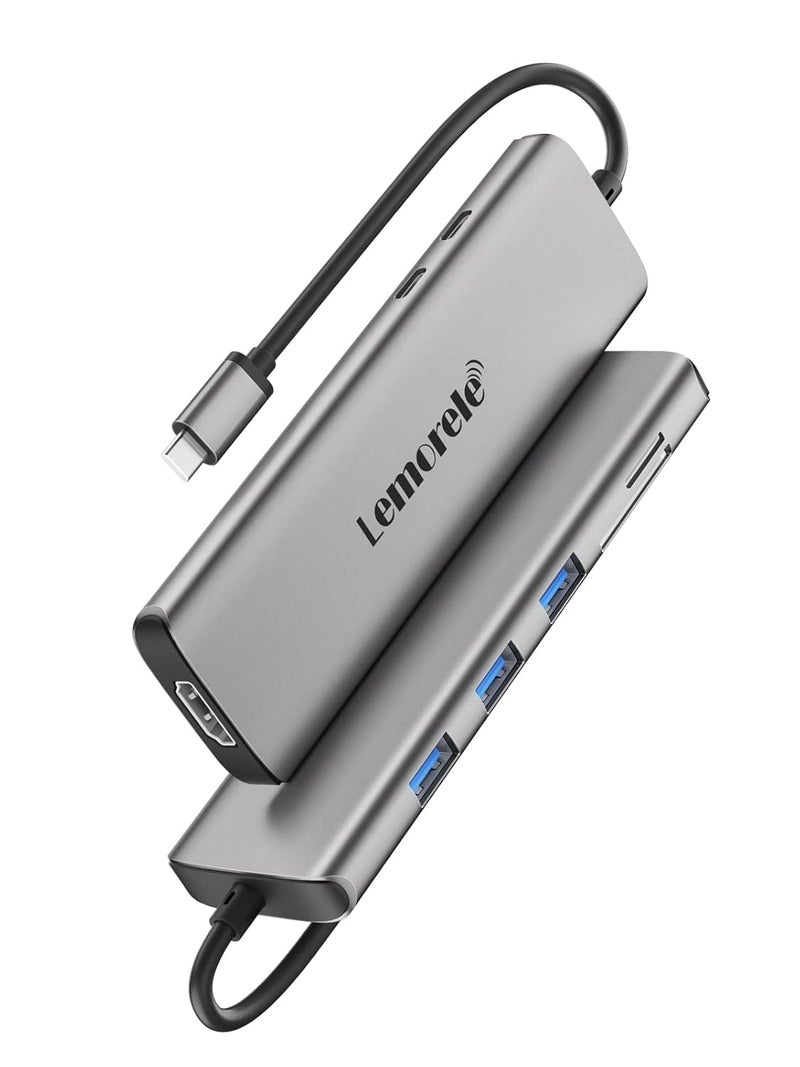 Lemorele محور USB C 9 في 1 محول الألمنيوم الفضاء 3.0 مع HDMI 4K، 3 USB 3.0، PD 100W، SD/TF، بيانات USB-C مناسب لجهاز MacBook Air/Pro M1، iPad M1، Chromecast، Switch، موبايل - Image 2