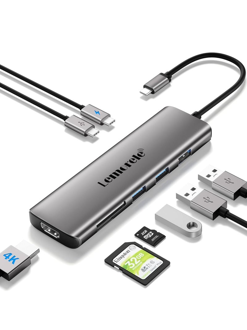 Lemorele محور USB C 9 في 1 محول الألمنيوم الفضاء 3.0 مع HDMI 4K، 3 USB 3.0، PD 100W، SD/TF، بيانات USB-C مناسب لجهاز MacBook Air/Pro M1، iPad M1، Chromecast، Switch، موبايل - Image 1
