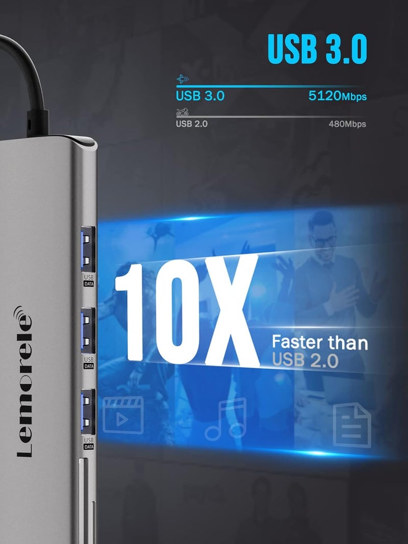 Lemorele محور USB C 9 في 1 محول الألمنيوم الفضاء 3.0 مع HDMI 4K، 3 USB 3.0، PD 100W، SD/TF، بيانات USB-C مناسب لجهاز MacBook Air/Pro M1، iPad M1، Chromecast، Switch، موبايل - Image 3