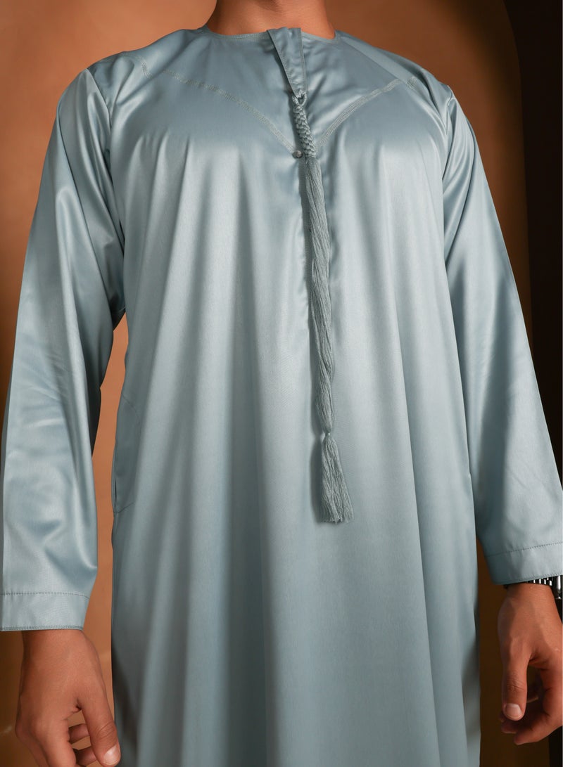 Yigo by Mariam Kandhoura Boudou – Light Teal Emirati Kandhoura – Soft Satin Blend | Elegant & Breathable Traditional Wear - 62 CM - Teal - Image 2