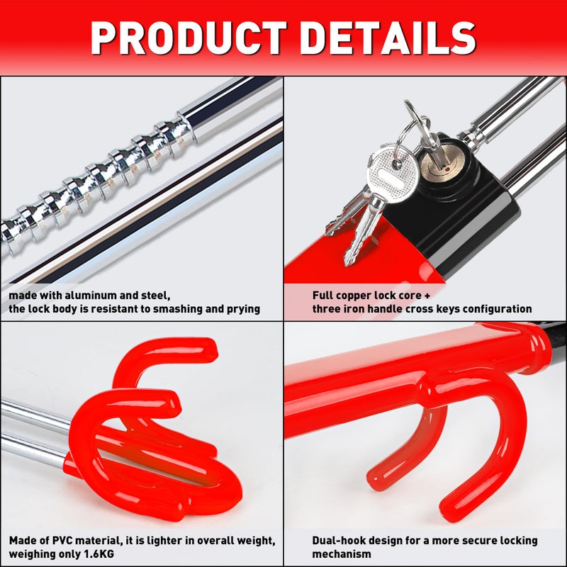 CARTMAN Heavy Duty Steering Wheel Lock Red Anti-Theft Car Device Security Car Lock Great Deterrent Adjustable Antitheft Locking Devices for Cars Trucks Vans and SUVs with 3 Keys - Image 3