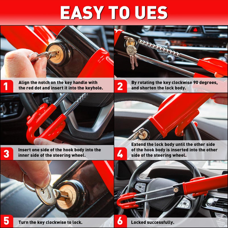 CARTMAN Heavy Duty Steering Wheel Lock Red Anti-Theft Car Device Security Car Lock Great Deterrent Adjustable Antitheft Locking Devices for Cars Trucks Vans and SUVs with 3 Keys - Image 5