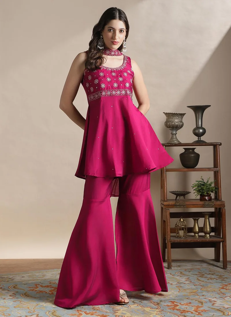 globus Globus Women Fuchsia Sequin Embroidered Yoke Flared Hem Tunic With Sharara & Chocker Dupatta Festive Coords Set