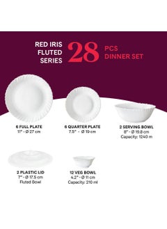 LARAH BY BOROSIL Larah by Borosil Red Iris Fluted Series Opalware Dinner Set | 28 Pieces for Family of 6 | Microwave & Dishwasher Safe | Bone-Ash Free | Crockery Set for Dining & Gifting | Plates & Bowls | White  - Image 2