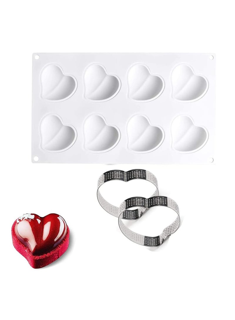 مجموعة قوالب الخبز السيليكون ثلاثي الأبعاد، 2 حلقات تارت وشكل قلب للموك، كرات الشوكولاتة، البودينغ وكعكة الجبن، غير لاصقة، تصميم 8 تجويفات للحلويات اليدوية - Image 1