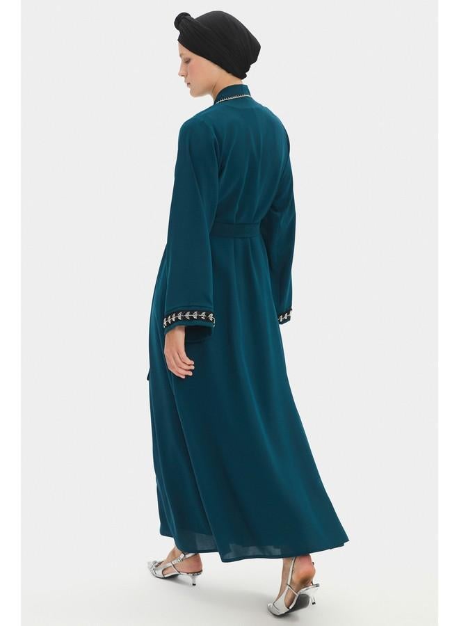 جون عباية نسائية بتفاصيل حجرية وربطة خصر - لون تركواز - Image 4