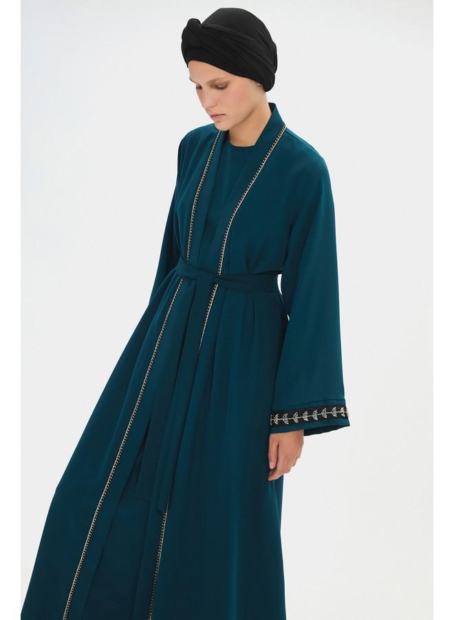 جون عباية نسائية بتفاصيل حجرية وربطة خصر - لون تركواز - Image 3