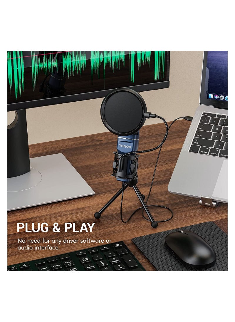 TONOR Podcast Microphone, USB Computer Microphone, Cardioid Condenser PC Mic with Tripod Stand and Pop Filter for Podcasting, Streaming, Vocal Recording, Compatible with PC & Laptop, PS4/5  - Image 3