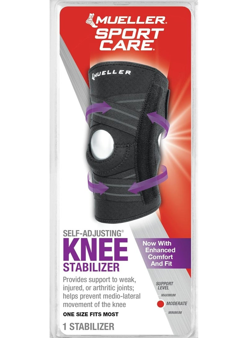 Mueller دعامة الركبة للبالغين من مولر للطب الرياضي قابلة للتعديل ذاتيًا لدعم الركبة مع مثبتات جانبية للرجال والنساء، باللون الأسود، 14-20 بوصة، مقاس واحد يناسب معظم الأحجام - Image 4