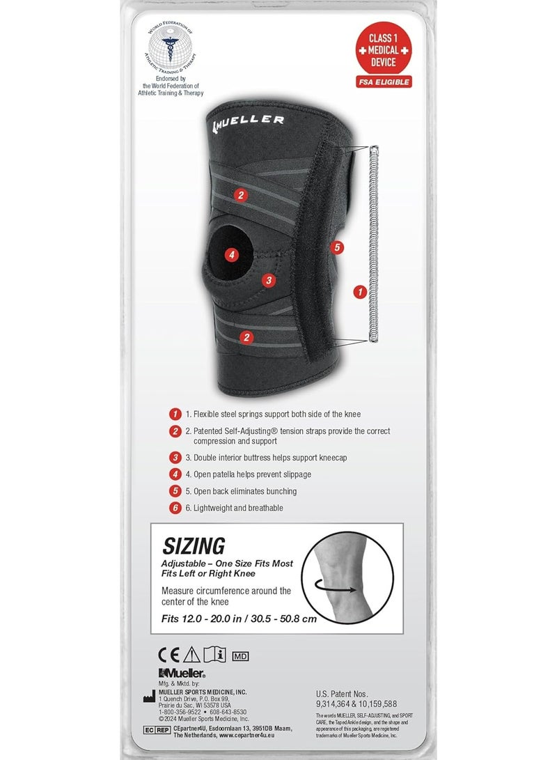 Mueller دعامة الركبة للبالغين من مولر للطب الرياضي قابلة للتعديل ذاتيًا لدعم الركبة مع مثبتات جانبية للرجال والنساء، باللون الأسود، 14-20 بوصة، مقاس واحد يناسب معظم الأحجام - Image 3