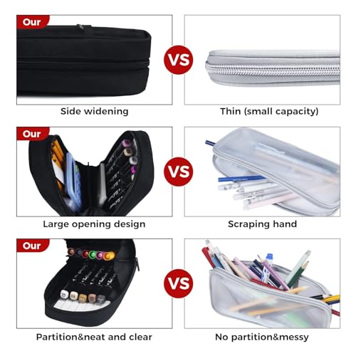 Fmeida Grid Mesh Pencil Case - Upgraded 4 Compartment Pencil Pouch, Clear Adult Pencil Bag Aesthetic Marker Pouch Stationary Bag Office Organizer for College Business Travel - Black - Image 4