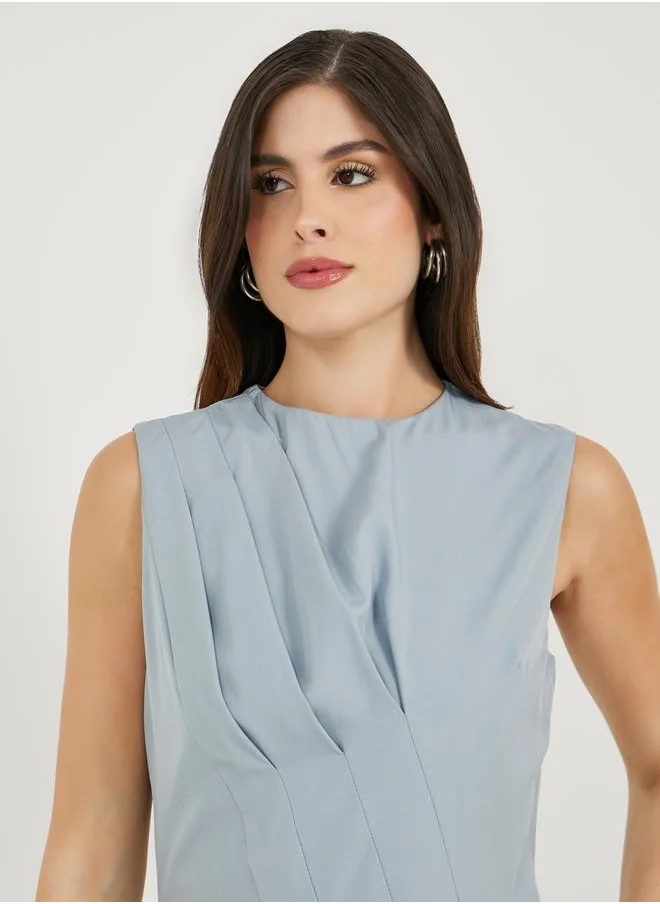 Styli Pintuck Detail Sleeveless A-Line Midi Dress