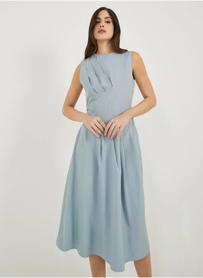 Styli Pintuck Detail Sleeveless A-Line Midi Dress