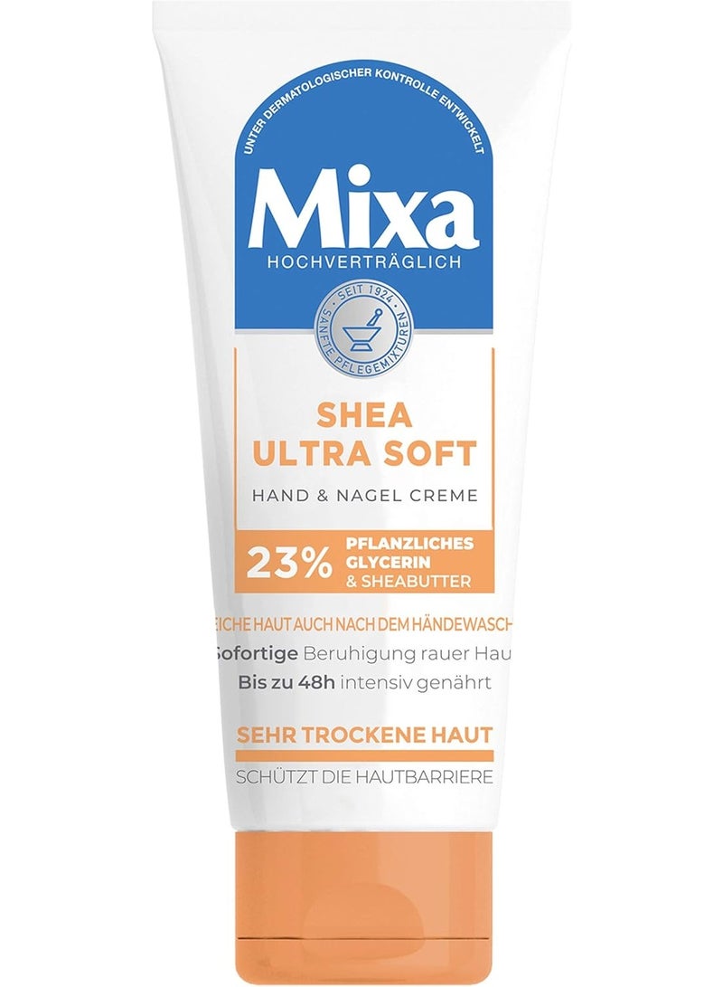 Mixa Shea Ultra Soft Hand & Nail Cream - Nourishing Hand Balm for Dry, Cracked and Rough Hands, Protection & Intensive Care with Glycerine and Shea Butter, 100 ml