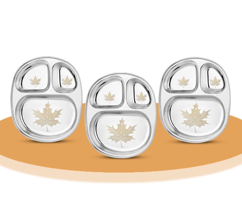 KITCHEN CLUE Stainless Steel Dinner Set Plates With Permanent Laser Design MAPLE Combo Set Of 3 Pcs, 25cm Dia - 304 18/8 Grade Steel Dinnerware Lunch/Dinner Plates/3 In1 Compartment Plates - Image 1