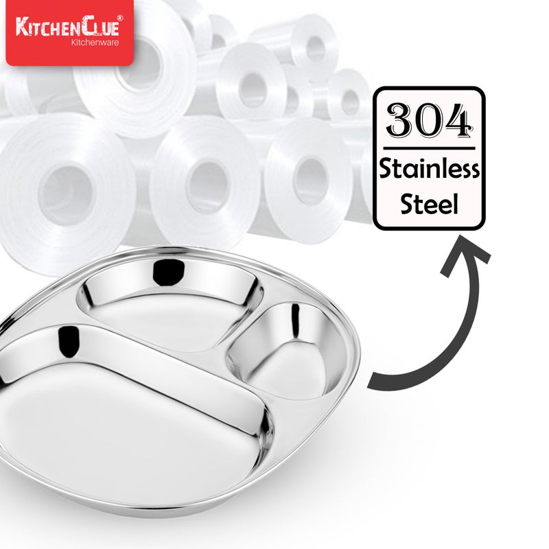 KITCHEN CLUE Stainless Steel Dinner Set Plates With Permanent Laser Design MAPLE Combo Set Of 3 Pcs, 25cm Dia - 304 18/8 Grade Steel Dinnerware Lunch/Dinner Plates/3 In1 Compartment Plates - Image 4