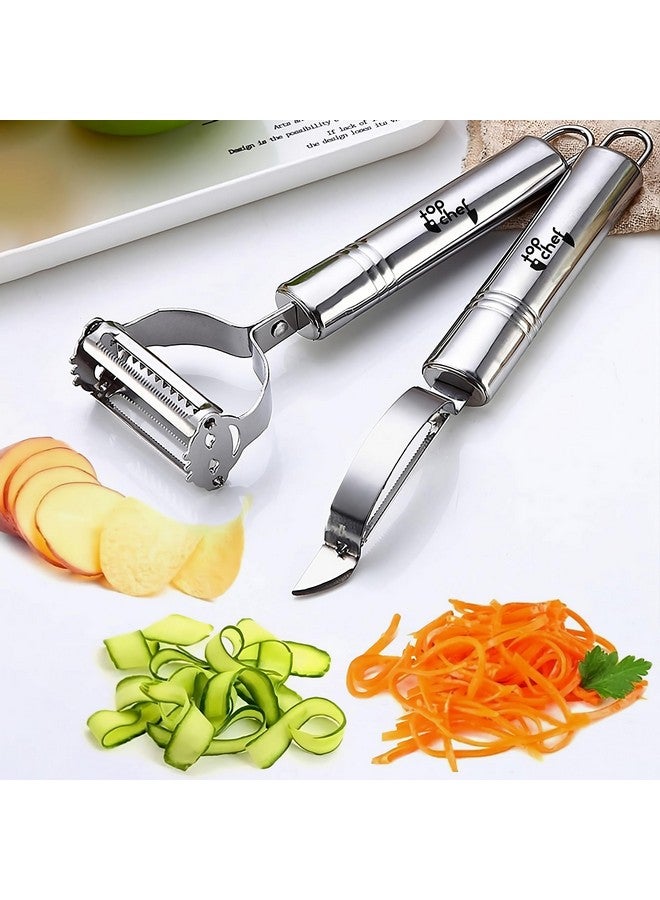 Top Chef 2-in-1 Kitchen Vegetable and Fruit Peeler Set, Stainless Steel, Julienne & Serrated Blades, Double-Edged Swivel Design for Bidirectional Peeling (Duo, 2 Pack) - Image 1