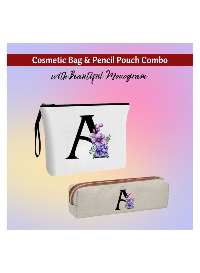 PRINTSHOP4ME Initial Monogram Cosmetic Bag And Floral Pencil Pouch-A-Z Letter Monogram Set For Girls&Women-Gift Set For Friends,Daughters Or Coworkers-Ideal For School,Work&Travel - Image 2