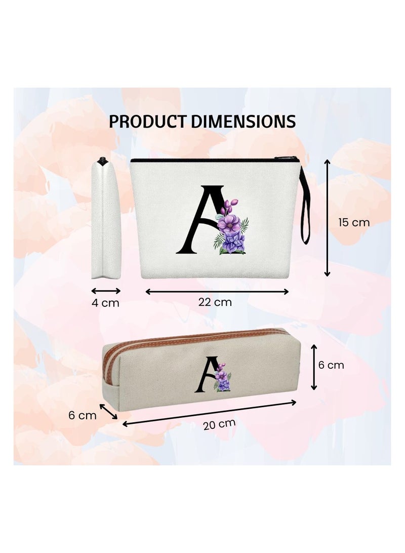 PRINTSHOP4ME Initial Monogram Cosmetic Bag And Floral Pencil Pouch-A-Z Letter Monogram Set For Girls&Women-Gift Set For Friends,Daughters Or Coworkers-Ideal For School,Work&Travel - Image 3