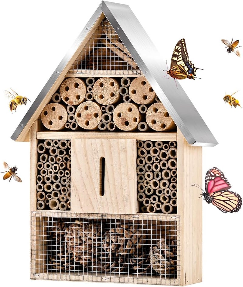 Elipark Wooden Mason Insect Bee Butterfly House,Insect Hotel,an Outdoor Hanging Bamboo Habitat for Bee Butterfly Ladybugs Live,Bee Box,Butterfly Habitat for Garden,9 x 15.7 x 2.5 Inch - Image 1