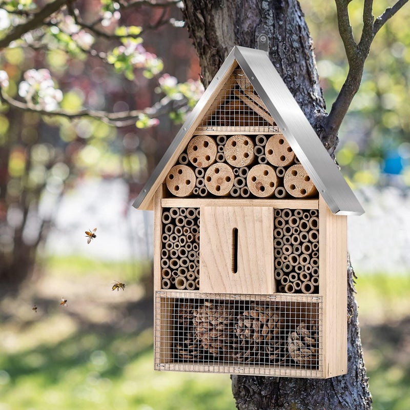 Elipark Wooden Mason Insect Bee Butterfly House,Insect Hotel,an Outdoor Hanging Bamboo Habitat for Bee Butterfly Ladybugs Live,Bee Box,Butterfly Habitat for Garden,9 x 15.7 x 2.5 Inch - Image 2