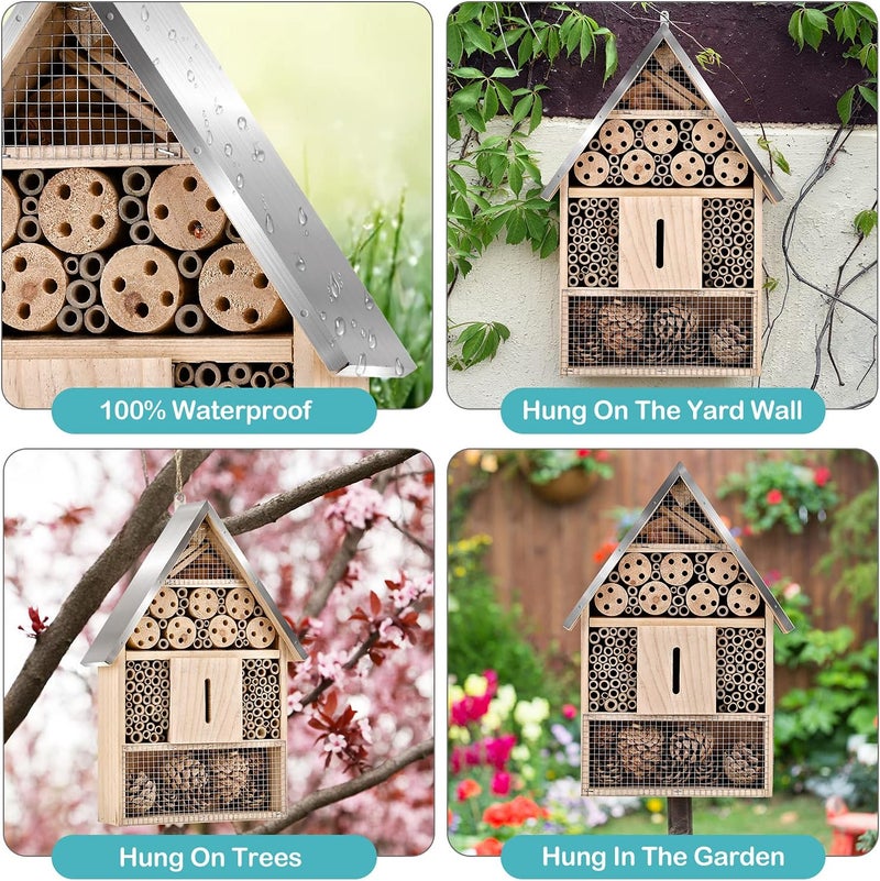 Elipark Wooden Mason Insect Bee Butterfly House,Insect Hotel,an Outdoor Hanging Bamboo Habitat for Bee Butterfly Ladybugs Live,Bee Box,Butterfly Habitat for Garden,9 x 15.7 x 2.5 Inch - Image 5