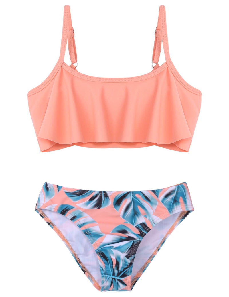 Arshiner Girls Swimsuit Two Pieces Bikini Set Ruffle Bathing Suits Flounced Tankini Swimwear Pink-Orange Monstera Print Size 13-14 - Image 1