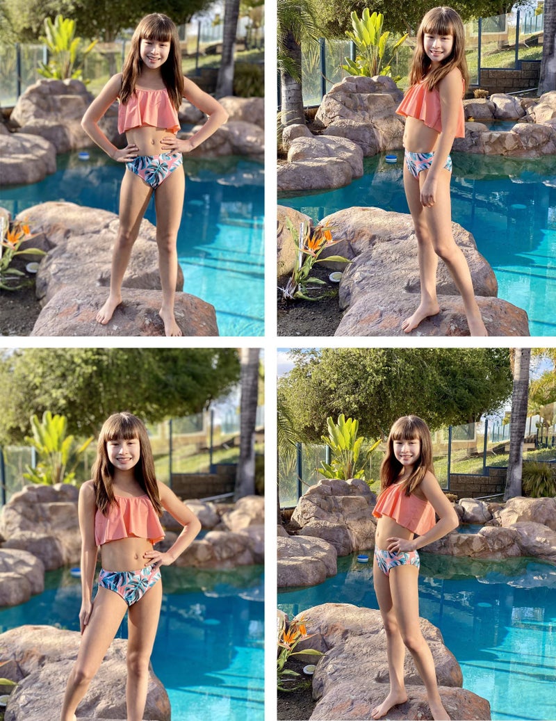 Arshiner Girls Swimsuit Two Pieces Bikini Set Ruffle Bathing Suits Flounced Tankini Swimwear Pink-Orange Monstera Print Size 13-14 - Image 5