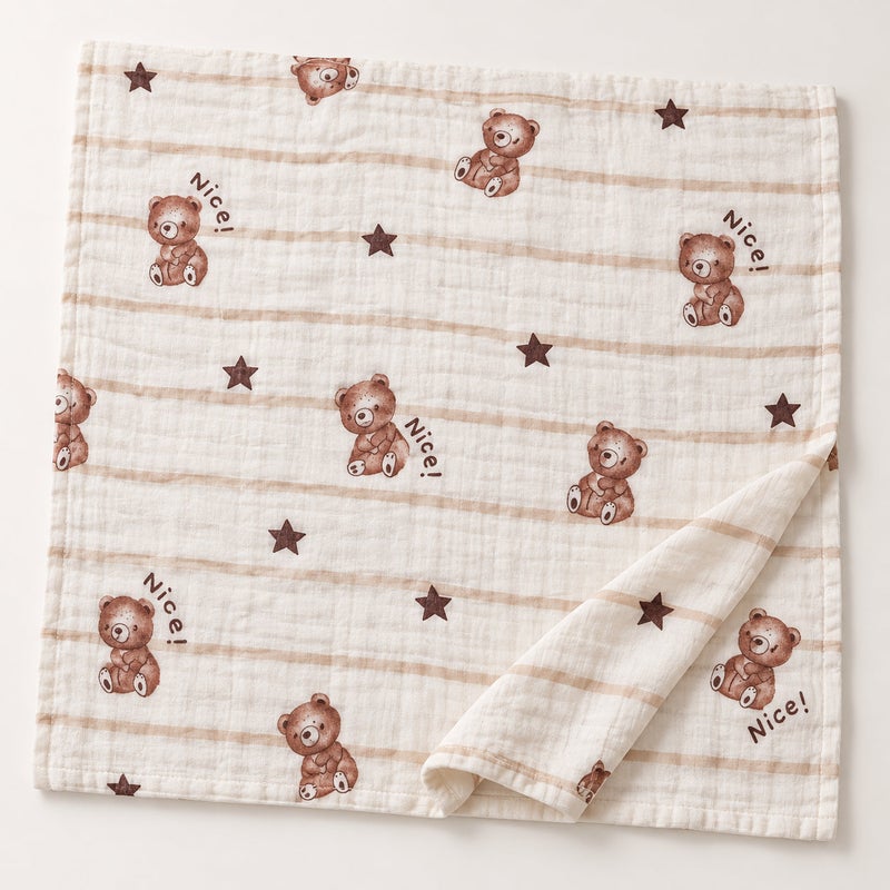 Baby Unisex Cotton Muslin Blanket, 100x100 cm, Multicolour Teddy Bear Print - Image 2