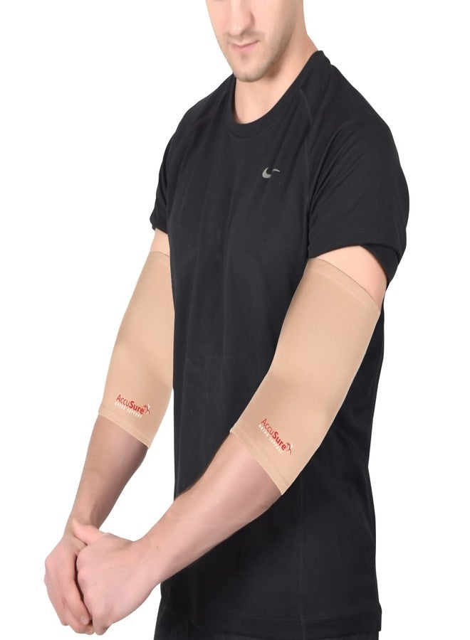 AccuSure Nylon Elbow Support Compression Sleeves Pair Instant Arm Brace For Sports, Gym, Joint Pain, Cricket, Tendonitis, Tennis Elbow, Weightlifting, Pain Relief For Men And Women|Beige (M) - Image 1