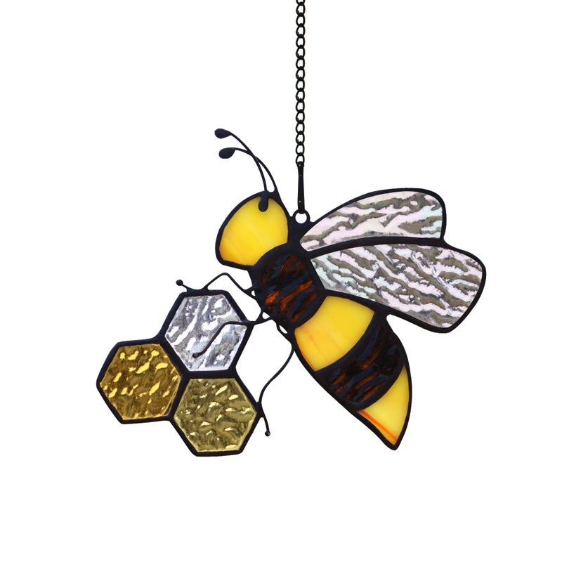 HAOSUM Bee On Honeycomb Stained Glass Window Hangings Bee Suncatcher Garden Bee Decor Bee Gift for Mom Women