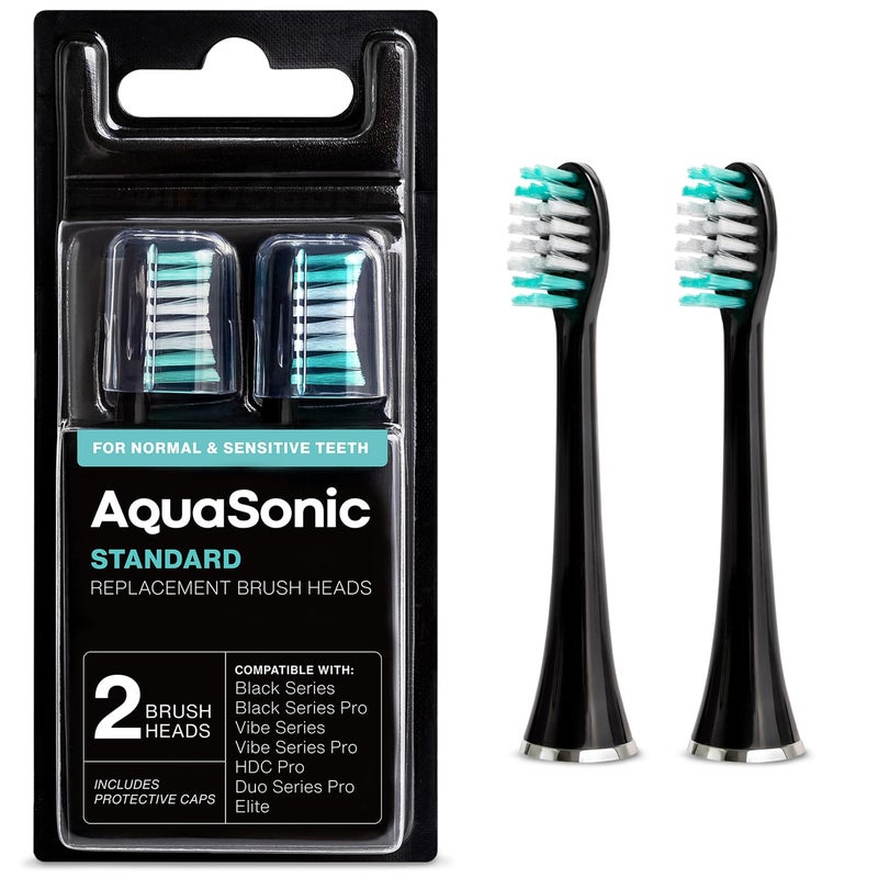 AquaSonic Standard Replacement Brush Heads | for Normal & Sensitive Teeth | Compatible with Many AquaSonic Toothbrush Handles (2 Pack Black) - Image 1