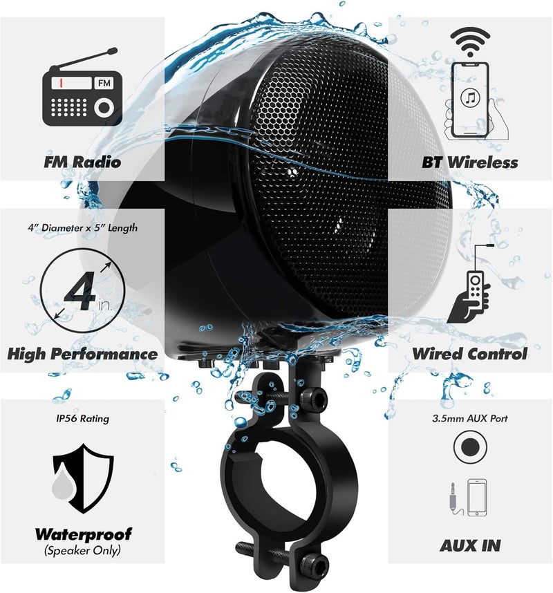 GoHawk Motorcycle Speakers Bluetooth Waterproof Radio Audio System with Amplifier, FM Radio, Volume Control, ATV UTV Compatible - Image 3