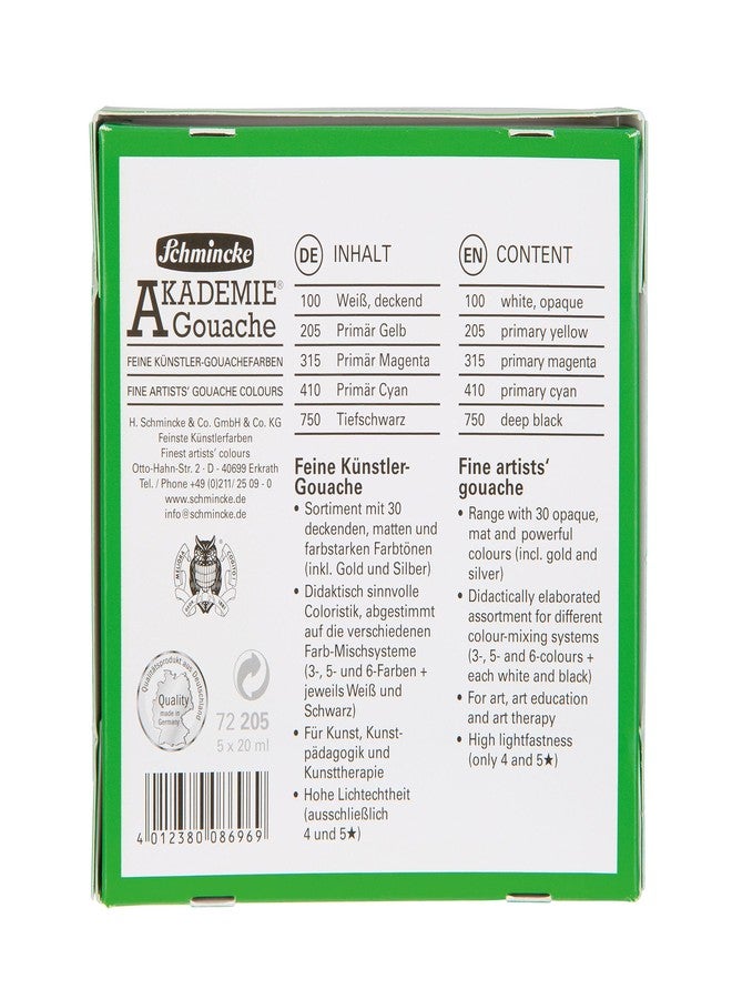 Schmincke - AKADEMIE® Gouache, 5 x 0,68 fl oz / 20 ml tubes, 72 205 097, 5 basic colors in a cardboard set, opaque, matt and intense colors, high lightfastness, mixing, color theory - Image 2