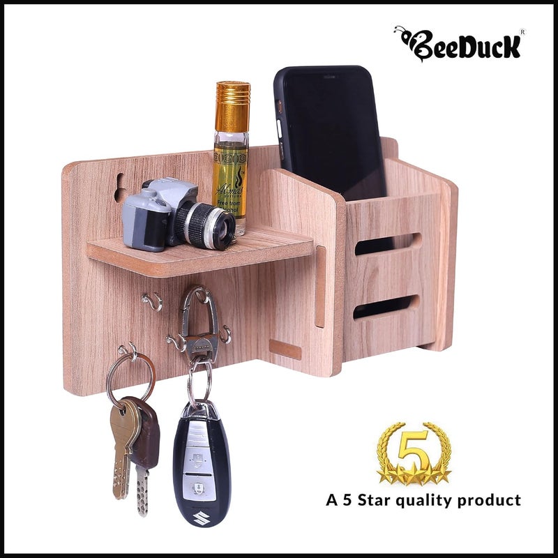 BeeDuck 5 Keys Hooks and 1 Mobile Wooden Keys & Mobile Stand for Mobile Charging, TV & AC Remote Holding and Keys Hanging at Home, Office, Bedroom, Hotel Wall Mount - Image 3