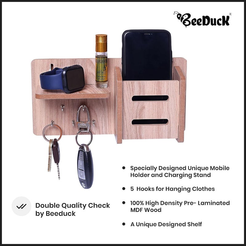 BeeDuck 5 Keys Hooks and 1 Mobile Wooden Keys & Mobile Stand for Mobile Charging, TV & AC Remote Holding and Keys Hanging at Home, Office, Bedroom, Hotel Wall Mount - Image 5