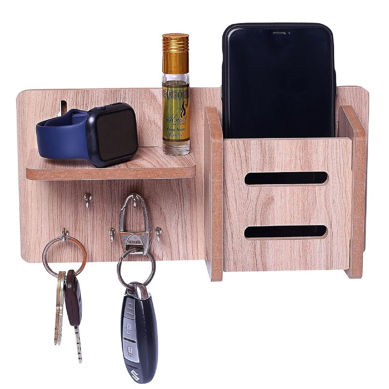 BeeDuck 5 Keys Hooks and 1 Mobile Wooden Keys & Mobile Stand for Mobile Charging, TV & AC Remote Holding and Keys Hanging at Home, Office, Bedroom, Hotel Wall Mount - Image 1