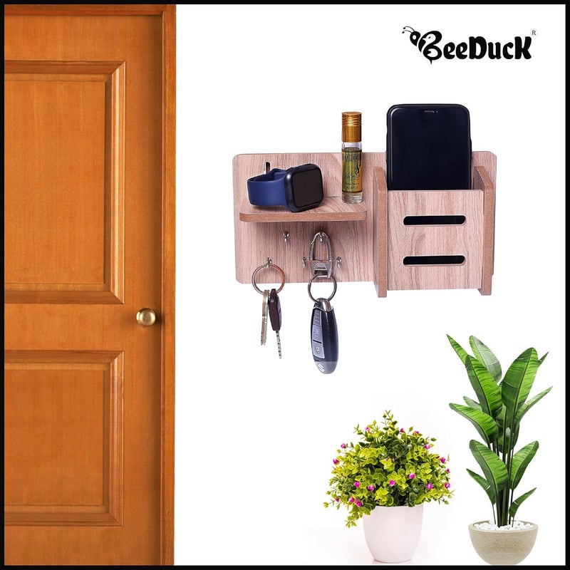 BeeDuck 5 Keys Hooks and 1 Mobile Wooden Keys & Mobile Stand for Mobile Charging, TV & AC Remote Holding and Keys Hanging at Home, Office, Bedroom, Hotel Wall Mount - Image 2